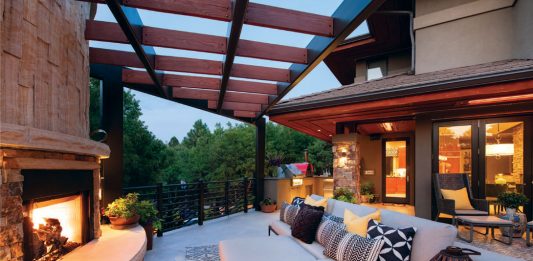 backyard with fireplace