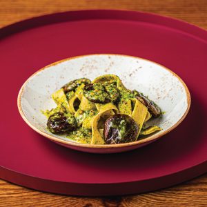 Three Saints Revival's Pappardelle with Shiitake Mushrooms and Dill Pistachio Pesto