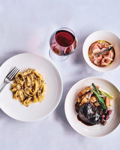Crudo di ricciola, anatra di Barolo, and agnolotti con lavanda