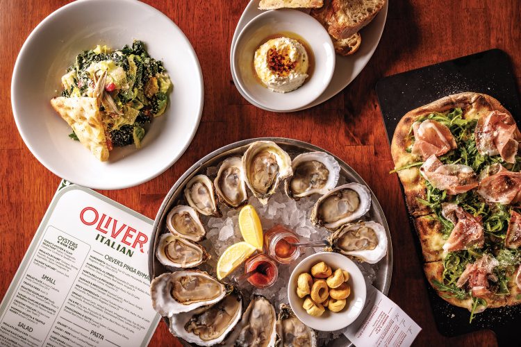 Whipped ricotta & truffle honey, Oliver’s exclusive La Dolce Vita oysters, Tuscan kale caesar, and the fig & pig pinsa
