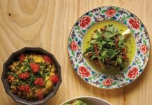 Clockwise from top: banh ngot chien (grilled veal sweetbreads), tau hu ky cuon tom, and trung va trung.