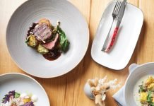 Clockwise from top: Brunson Meat Co. dry-aged N.Y. strip, agnolotti, pan-roasted duck breast, and hamachi crudo