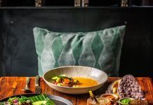 Caldito de Chilpachole, salsa platter, Margarita de Tomatillo, ceviche, and Sikil Pak.