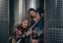 Grit & Grains: How William H. Macy Became Woody Creek Distillers’ “spokesdude” On stairs: William H. Macy, Mary Scanlan, and Mark Kleckner