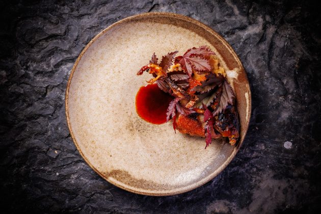 Squab + Plum, with roasted half squab, plum kobayaki, white sonoran wheatberry “risotto,” and Palisade plum