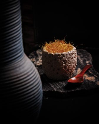 Corn + Honey, with Olathe corn pudding, charred onion, masa crumble, and Maine uni