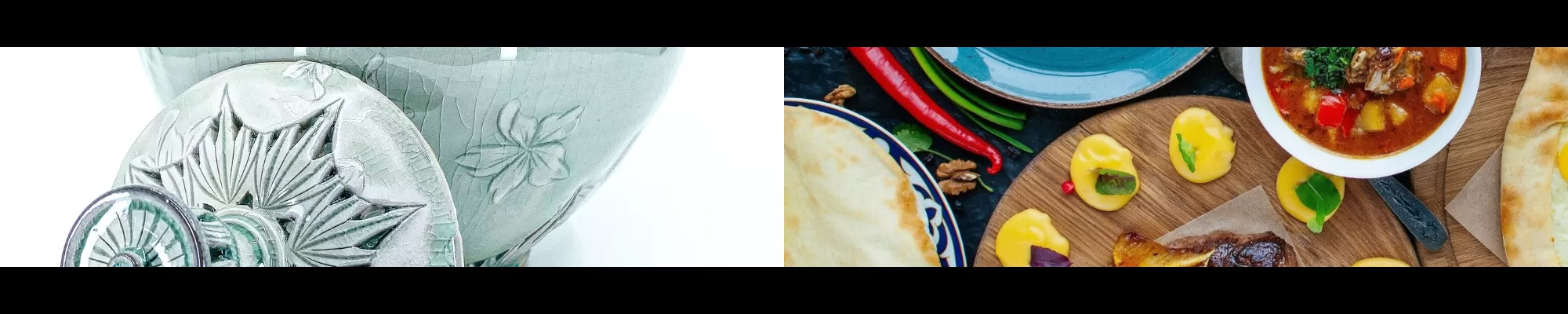 Split banner image featuring embossed ceramic tabletop pieces on the left and an overhead spread of colorful dishes including soup, flatbread, peppers, and small plated bites on the right.