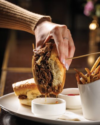 The prime rib sandwich dipped in au jus at Elways.