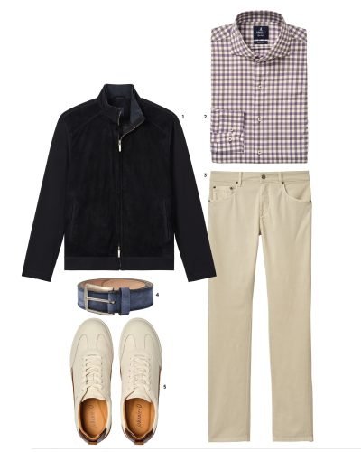 Jacket, shirt, pants, belt, and shoes from Johnnie O's.