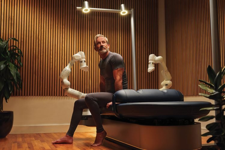 Man sits on the Aescape AI-powered massage system.