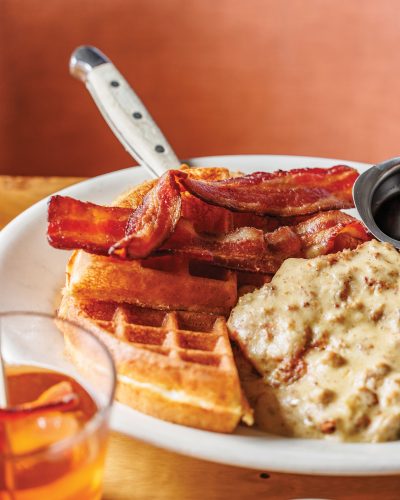 The chicken and waffles at Bacon Social House.