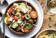 Lauren Grier, founder of The Curious Plate, shares her easy, delicious Greek Bruschetta Pasta Salad recipe.