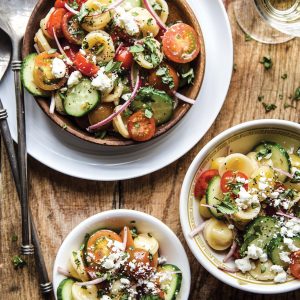 Lauren Grier, founder of The Curious Plate, shares her easy, delicious Greek Bruschetta Pasta Salad recipe.