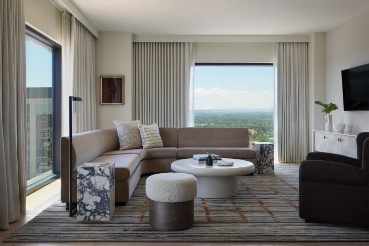 Guest room in the Kimpton Claret Hotel.