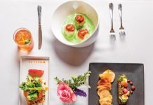 Hokkaido seared sea scallops and mushroom ravioli, filet mignon tartare, seasonal mocktail, peppermint-grilled elk loin, spring strawberry watercress salad, and a smoked out margarita from Evoke 1923.