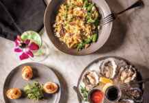 Squash cavatelli, oysters, steak frites, mai tai, deviled eggs, and pandan chi chi from American Elm.