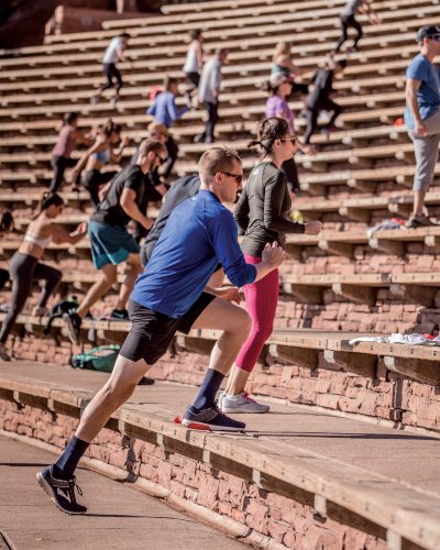 People participating in the Snow-Shape Winter Fitness Series at Red Rocks.