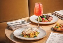 The roasted chicken, Better Weather cocktail, and Buckner Farm lamb loin dishes at Pasque.