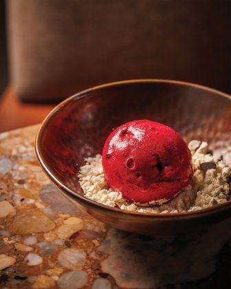 The sour cherry sorbet dish at Pasque.