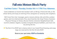 Fall into Motion Block Party. Coal Mine Centre, Thursday October 9th, 4-7 PM, free admission