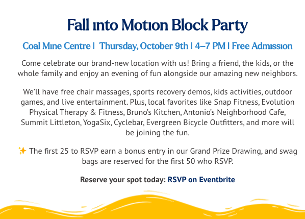 Fall into Motion Block Party. Coal Mine Centre, Thursday October 9th, 4-7 PM, free admission
