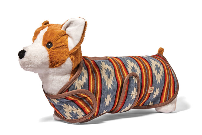 Stuffed Corgi wearing the Denim Sunset Dog Coat from Bonez 4 Budz.