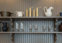 Antique kitchen cupboard glassware and decor.