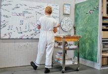 Ski artist Berkeley Hoerr working in the studio.