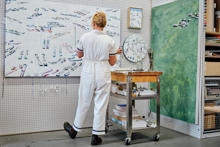 Ski artist Berkeley Hoerr working in the studio.
