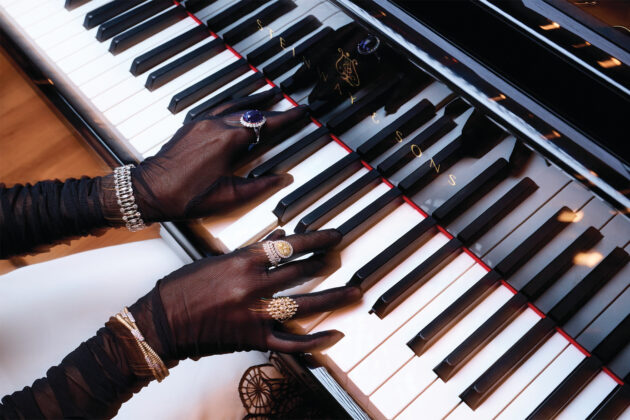 Lou Lou Studio Dress, $765, available at MAX, 250 Columbine St., Ste. 140, maxfashioncolorado.com; “Latis” lab-grown diamond drop earrings by Noam Carver Fine Jewelry, $4,400; “Latis” lab-grown diamond tennis bracelet by Noam Carver Fine Jewelry, $11,965; Ribbed diamond bangle in 18k yellow gold by Simon G., $9,375; Custom handmade tanzanite and diamond ring, $23,150; Cross-over diamond ring with yellow pear-shaped diamond, $19,250; “Latis” lab-grown diamond ring by Noam Carver Fine Jewelry, $3,000.