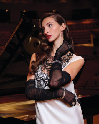 Lou Lou Studio Dress, $765, available at MAX, 250 Columbine St., Ste. 140, maxfashioncolorado.com; “Latis” lab-grown diamond drop earrings by Noam Carver Fine Jewelry, $4,400; “Latis” lab-grown diamond tennis bracelet by Noam Carver Fine Jewelry, $11,965; Ribbed diamond bangle in 18k yellow gold by Simon G., $9,375; Custom handmade tanzanite and diamond ring, $23,150; Cross-over diamond ring with yellow pear-shaped diamond, $19,250; “Latis” lab-grown diamond ring by Noam Carver Fine Jewelry, $3,000.