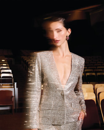 Elvie Collarless Jacket in soft-tailored sequin, $1,895; Maddie Pant in soft-tailored sequin stitch, $995, available at St. John, 224 Steele St., stjohnknits.com; Vintage yellow gold studs with convertible ruby and diamond drops, $3,400; Ribbed diamond bangle in 18k yellow gold by Simon G., $9,375. All jewelry available at Trice Jewelers, 6885 S. University Blvd., Centennial, tricejewelers.com.