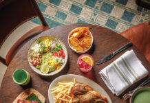 At Cimera, Rooftop Views Meet Pan Latin Cooking Dishes from Cimera clockwise from top: crushed avocado, hibiscus margarita, Peruvian roasted chicken, papa rellena, Oaxacan old-fashioned, Peruvian ceviche, and pork belly anticuchos.