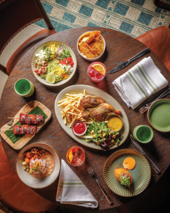 Dishes from Cimera clockwise from top: crushed avocado, hibiscus margarita, Peruvian roasted chicken, papa rellena, Oaxacan old-fashioned, Peruvian ceviche, and pork belly anticuchos.