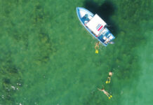 Adventures Found Near and Far People swim in the ocean around a boat at Casa Chameleon.