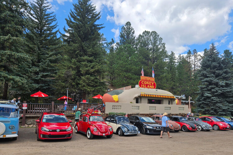 Exterior shot of South Park Coney Island Hot Dog's, hot dog shaped building.