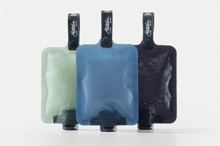 Matador's FlatPak™ Toiletry Bottles in charcoal, slate, and sage.