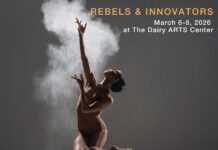 A ballet dancer leaps into the air against a dark background, one arm reaching upward as a burst of white powder surrounds her, highlighting the movement. The poster reads “Rebels & Innovators” with Boulder Ballet and event details displayed above and below the image.