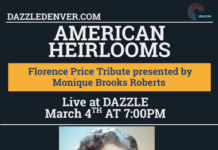 Event poster reading “American Heirlooms: Florence Price Tribute presented by Monique Brooks Roberts” with details for a live performance at Dazzle on March 4 at 7:00 PM. The design features a portrait of composer Florence Price centered against a dark background with gold and navy accents, creating a formal, classical aesthetic.