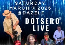 Concert poster for Dotsero Live at Dazzle on Saturday, March 7, 2026, featuring photos of the band members and a saxophonist.