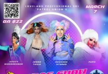 Event flyer for the Loveland Professional Ski Patrol Union Drag Show Fundraiser (March 7), featuring performers Juiccy Misdemeanor, Jenna Tavia, Roxanne Stoned, and FUPA, with doors and showtime details.