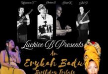 Promotional poster for “Luckiee B Presents: An Erykah Badu Birthday Tribute” at Dazzle, featuring photos of performers, bold gold lettering, and images of singers in vibrant stage attire.