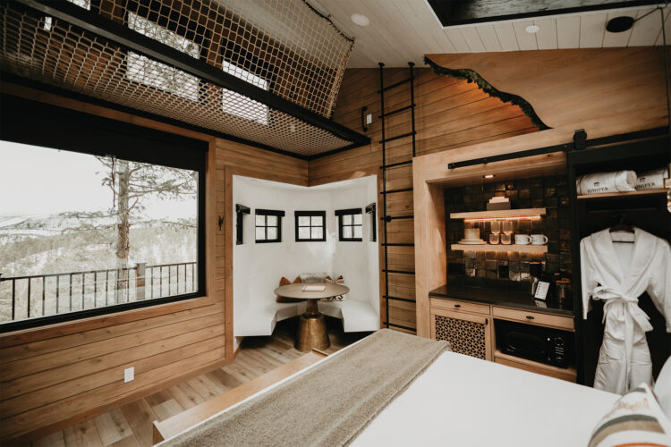 Interior living area of a Juniper Lodge treehouse.