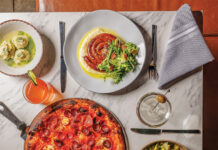 Johnny Bechamel’s Raises the Bar for Pizza in Denver Clockwise from top: chicken meatballs, sweet talker cocktail, Lottie’s spiral sausage, Nonnas tini cocktail, farfalle, lasagnetta, double pepperoni pizza.