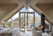 Inside a Thoughtful Home Renovation in Aspen’s Historic West End Bedroom in the A-Frame home designed by Rowland + Broughton.