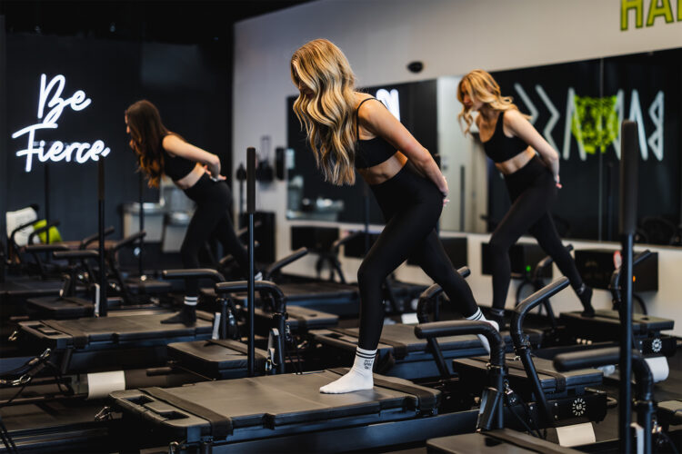 People work out in the gym.