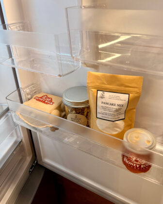 Breakfast provisions in the fridge at Honey Rock Landing.