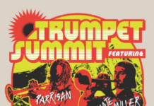 Retro-style poster for “Trumpet Summit” at Dazzle, featuring illustrated trumpet players and bold text with the date Saturday, March 7.