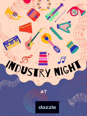 Colorful “Industry Night” event graphic featuring playful illustrations of theater and creative elements, with bold text announcing the event.