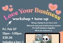 Colorful promotional flyer for a “Love Your Business” workshop and tune-up, featuring event details, marketing topics like SEO and Google Ads, a QR code, and an illustrated character working at a desk.